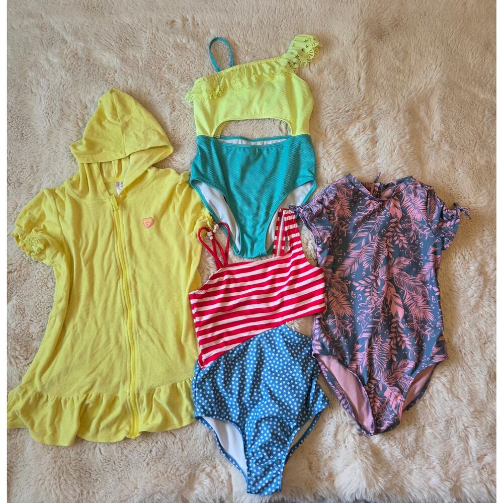 Girls lot of 3 One Piece Swimsuits and Terry Swim cover 10/12 Large Mixed bundle